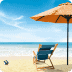 Relaxing beach scene with two lounge chairs under a large umbrella on a sandy shore, overlooking the calm ocean, capturing tranquility and leisure.