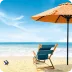 Relaxing beach scene with two lounge chairs under a large umbrella on a sandy shore, overlooking the calm ocean, capturing tranquility and leisure.