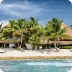 A tropical beach with palm trees, clear blue water, and a thatched-roof hut, showcasing the relaxing and luxurious atmosphere of The Husna Experience.